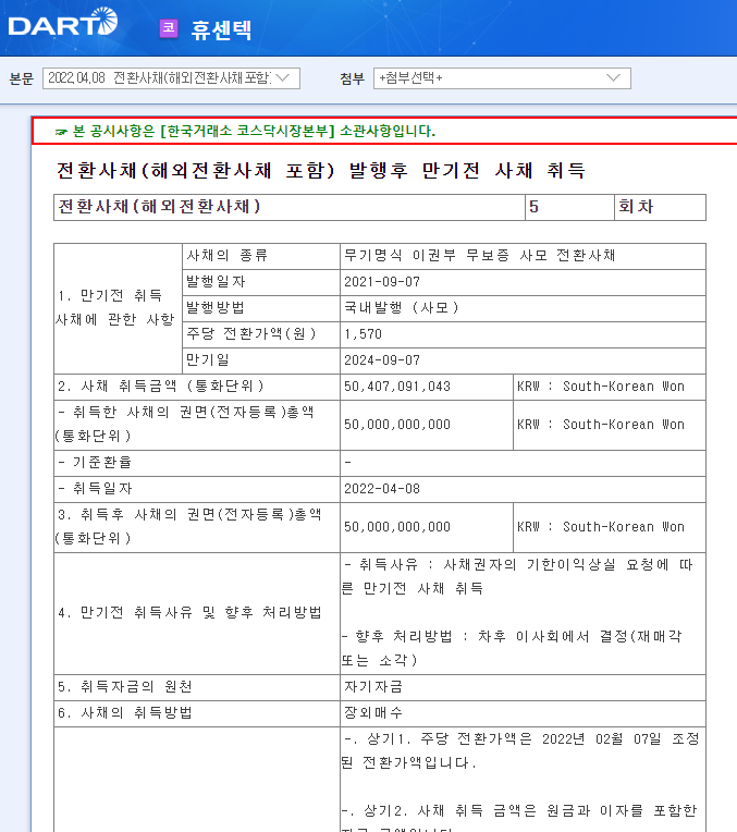 휴센텍 / 전환사채(해외전환사채포함)발행후만기전사채취득