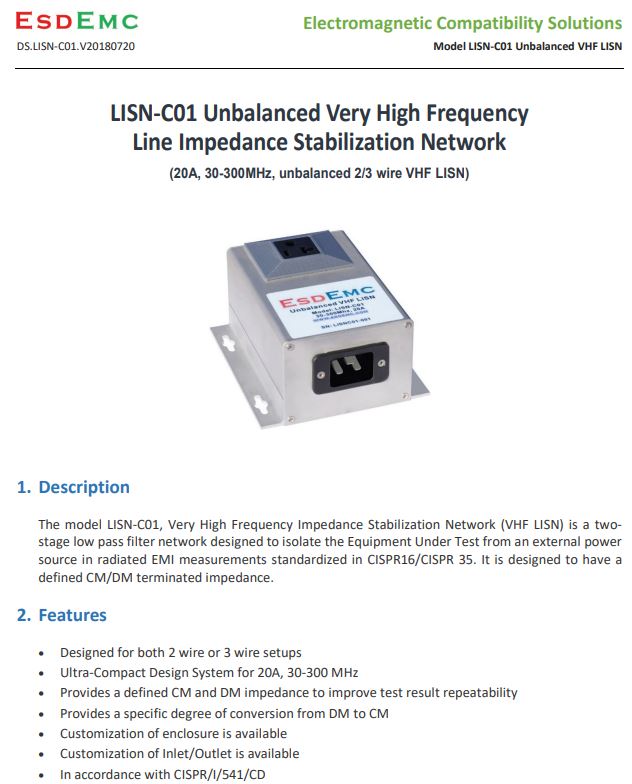  ESDEMC LISN-C01 Unbalanced ver High Frequency Line Impedance Stabilization Network