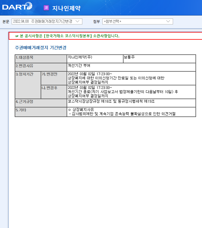 지나인제약 / 주권매매거래정지기간변경 지나인제약 / 주권매매거래정지기간변경
