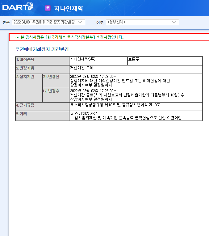 지나인제약 / 주권매매거래정지기간변경