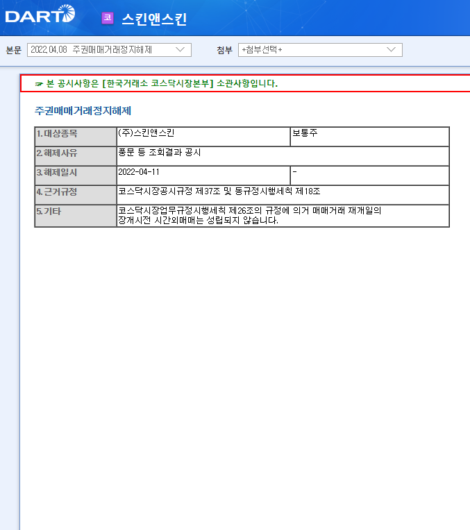 스킨앤스킨 / 주권매매거래정지해제