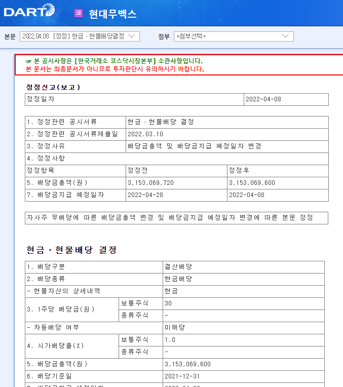 현대무벡스 / 현금ㆍ현물배당결정 현대무벡스 / 현금ㆍ현물배당결정
