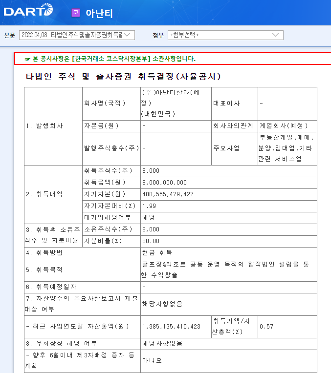 아난티 / 타법인주식및출자증권취득결정(자율공시) 아난티 / 타법인주식및출자증권취득결정(자율공시)