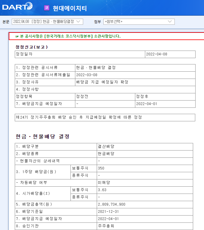 현대에이치티 / 현금ㆍ현물배당결정 현대에이치티 / 현금ㆍ현물배당결정