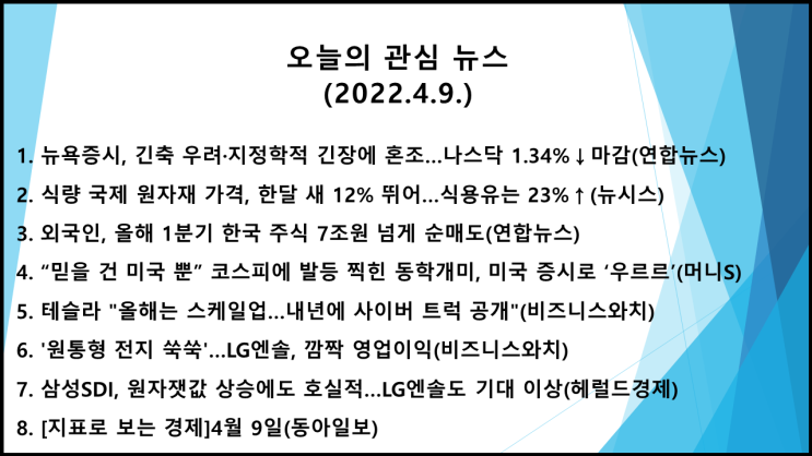  오늘의 관심 뉴스(2022.4.9. 土) 미국 공격적 긴축, 러-우크라 전쟁 장기화 우려 VS. 소비지출 증가→미 뉴욕증시 혼조(다우 지수 0.40%↑, 나스닥 지수 1.34↓)