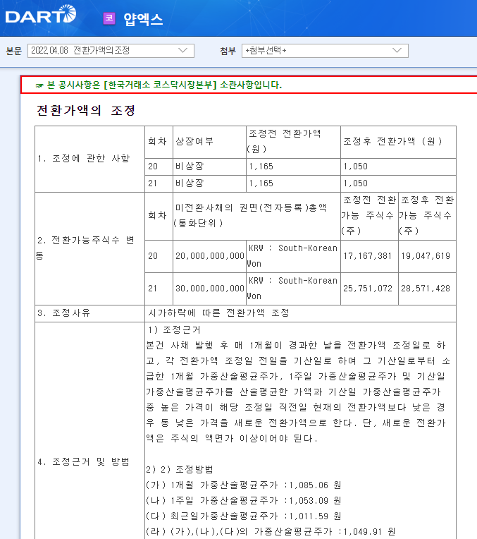 얍엑스 / 전환가액의조정 얍엑스 / 전환가액의조정