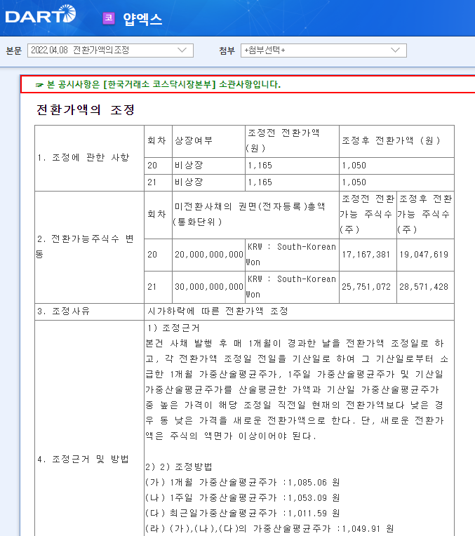 얍엑스 / 전환가액의조정