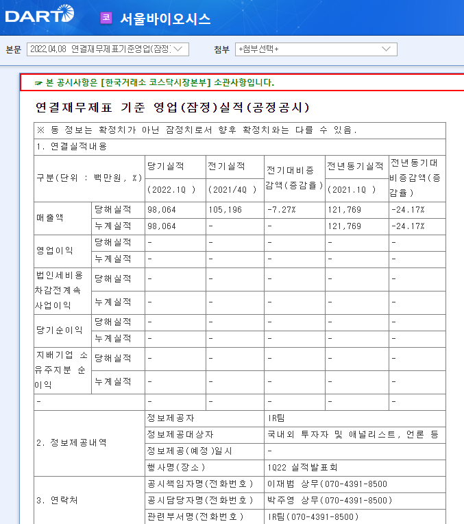 서울바이오시스 / 연결재무제표기준영업(잠정)실적(공정공시)