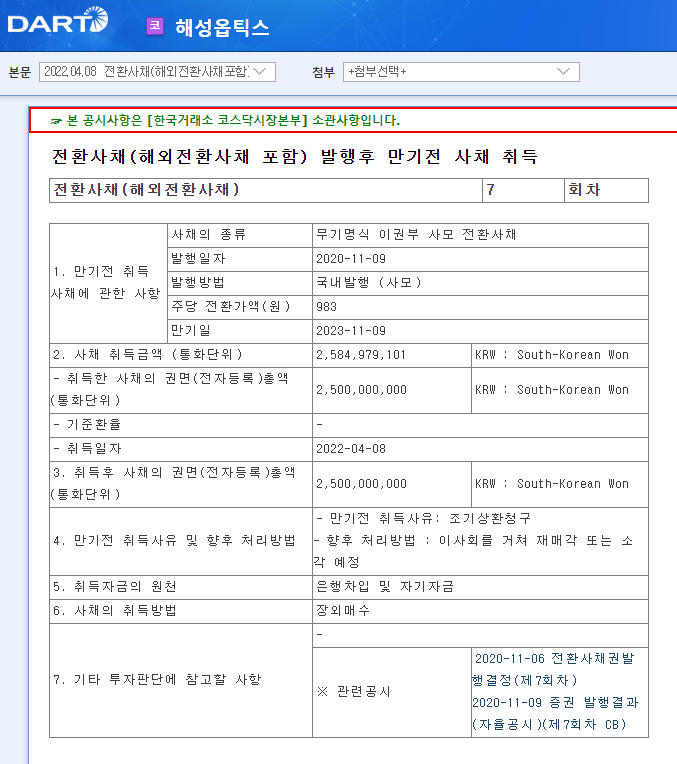 해성옵틱스 / 전환사채(해외전환사채포함)발행후만기전사채취득 해성옵틱스 / 전환사채(해외전환사채포함)발행후만기전사채취득