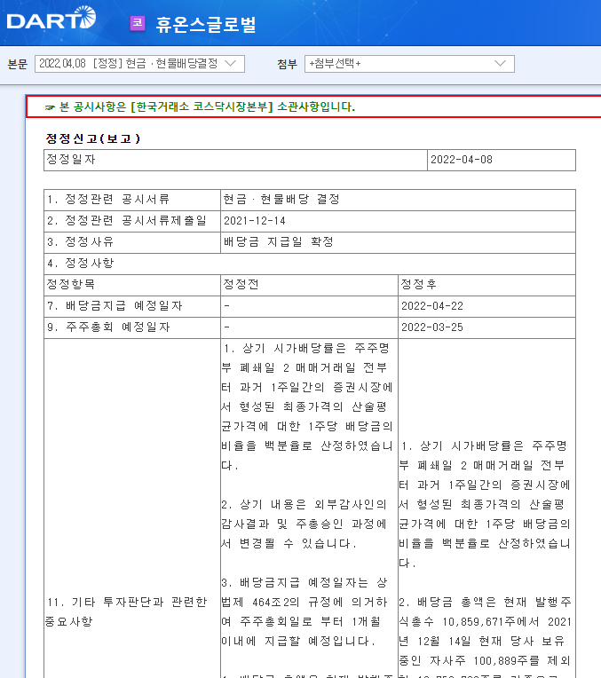 휴온스글로벌 / 현금ㆍ현물배당결정