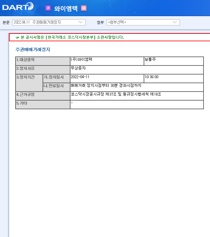 와이엠텍 / 주권매매거래정지