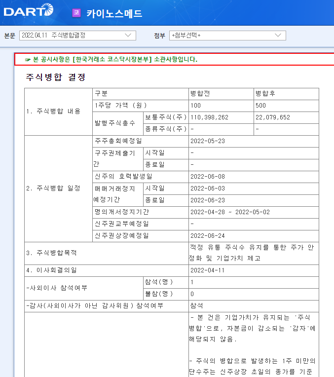 카이노스메드 / 주식병합결정 카이노스메드 / 주식병합결정
