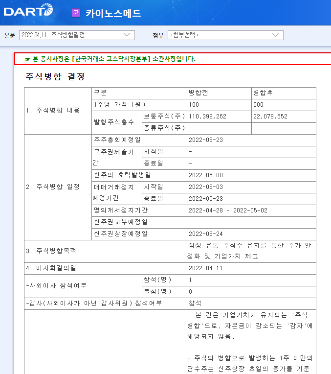 카이노스메드 / 주식병합결정