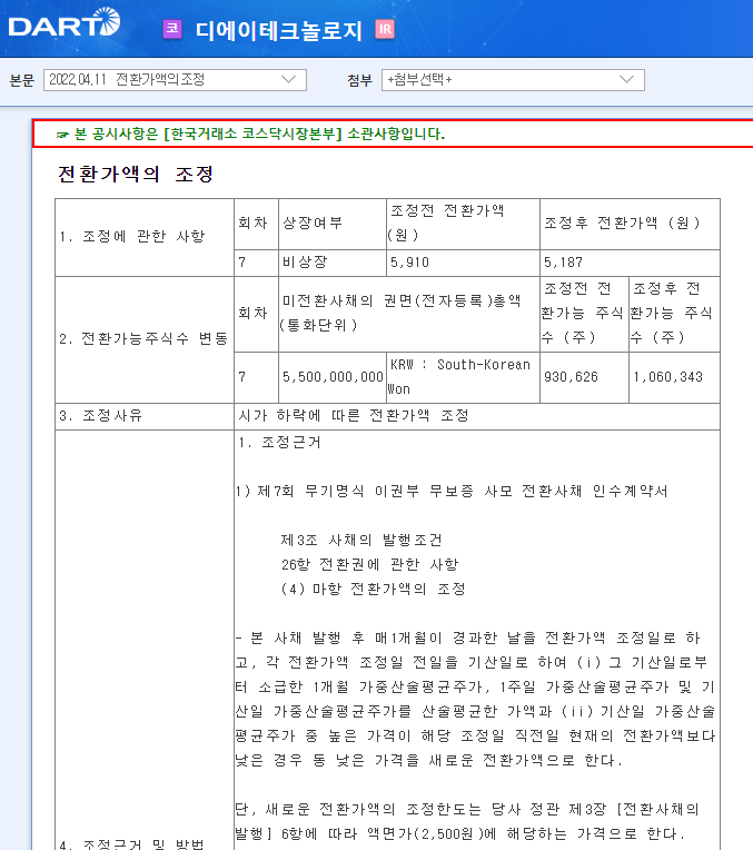 디에이테크놀로지 / 전환가액의조정 디에이테크놀로지 / 전환가액의조정