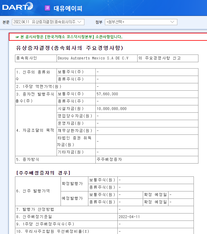 대유에이피 / 유상증자결정(종속회사의주요경영사항) 대유에이피 / 유상증자결정(종속회사의주요경영사항)