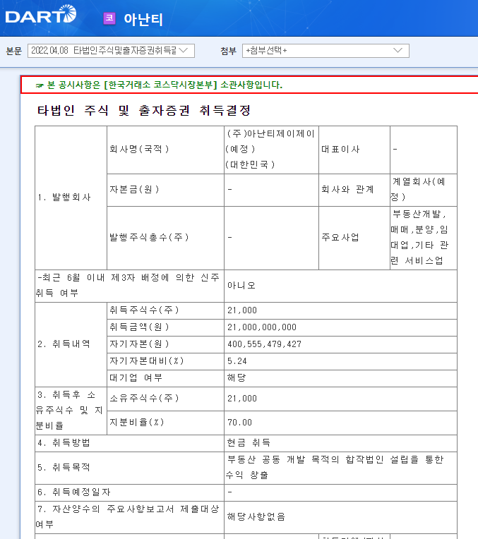아난티 / 타법인주식및출자증권취득결정 아난티 / 타법인주식및출자증권취득결정