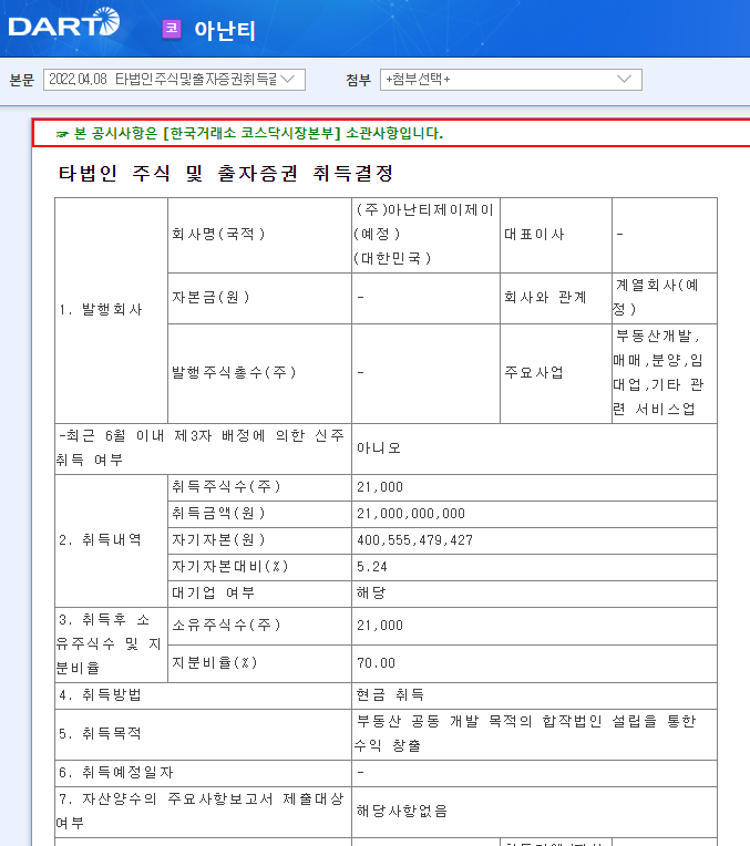 아난티 / 타법인주식및출자증권취득결정