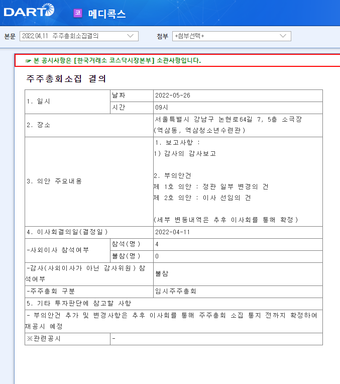 메디콕스 / 주주총회소집결의 메디콕스 / 주주총회소집결의