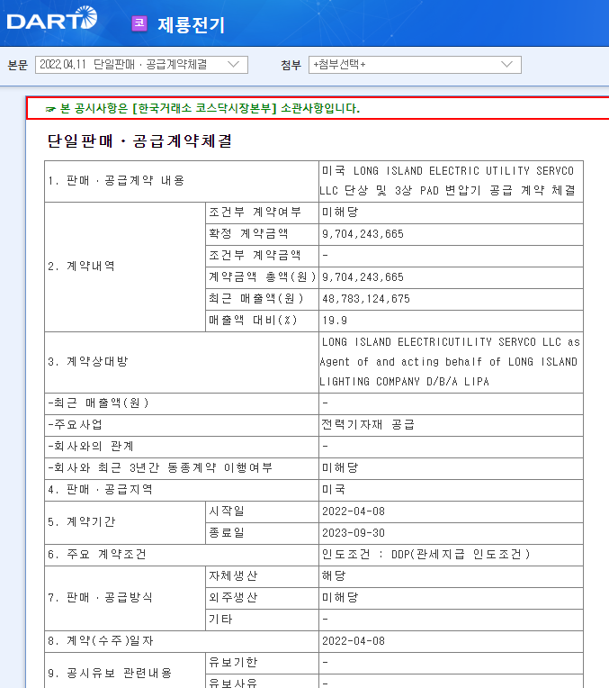 제룡전기 / 단일판매ㆍ공급계약체결