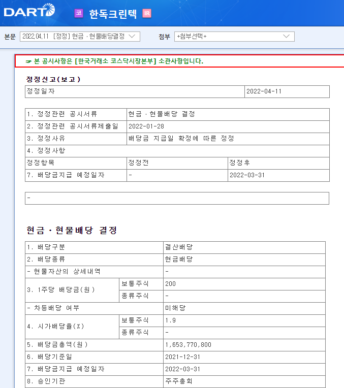한독크린텍 / 현금ㆍ현물배당결정 한독크린텍 / 현금ㆍ현물배당결정