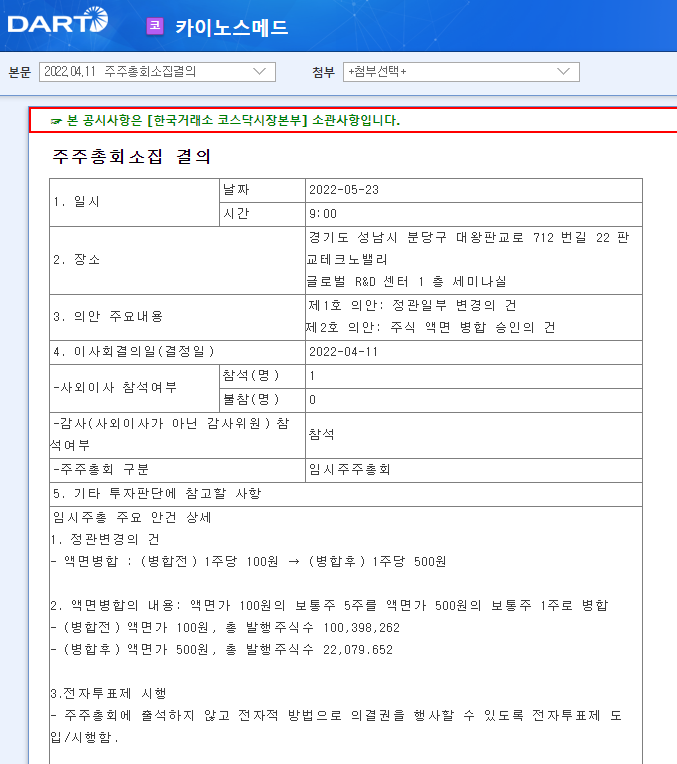 카이노스메드 / 주주총회소집결의 카이노스메드 / 주주총회소집결의