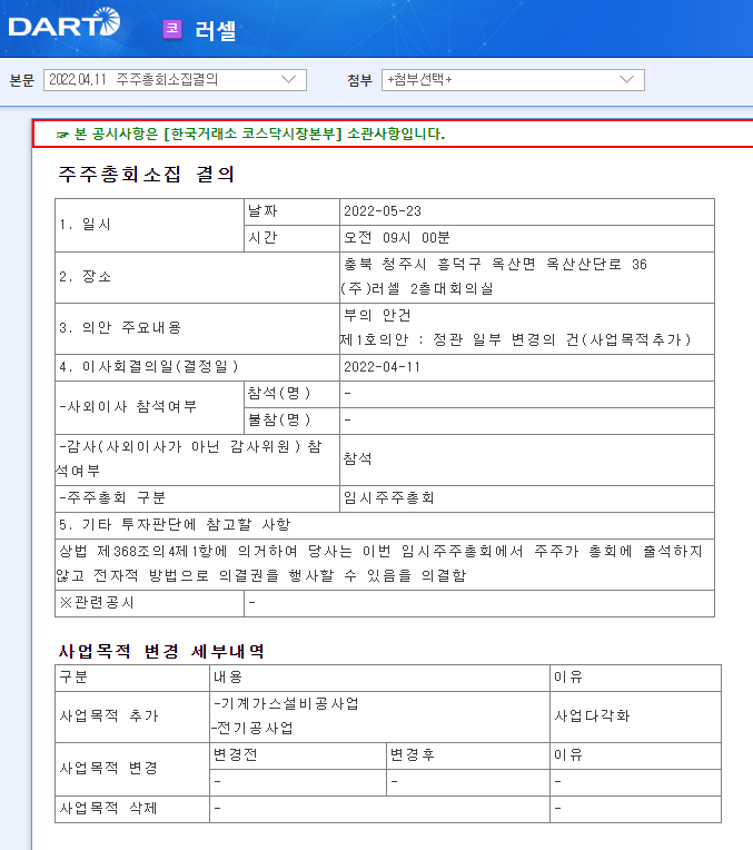 러셀 / 주주총회소집결의 러셀 / 주주총회소집결의