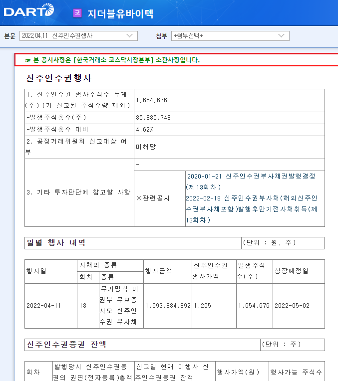 지더블유바이텍 / 신주인수권행사 지더블유바이텍 / 신주인수권행사