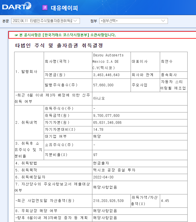 대유에이피 / 타법인주식및출자증권취득결정