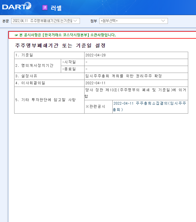러셀 / 주주명부폐쇄기간또는기준일설정 러셀 / 주주명부폐쇄기간또는기준일설정