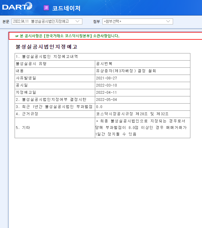 코드네이처 / 불성실공시법인지정예고 코드네이처 / 불성실공시법인지정예고