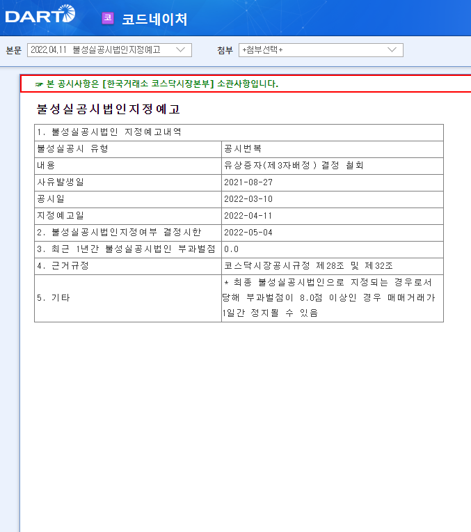 코드네이처 / 불성실공시법인지정예고