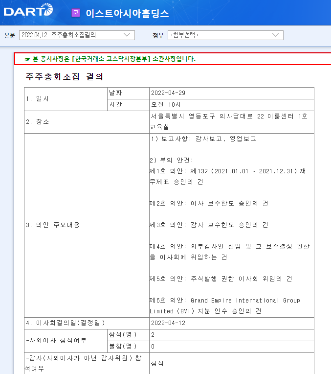 이스트아시아홀딩스 / 주주총회소집결의 이스트아시아홀딩스 / 주주총회소집결의