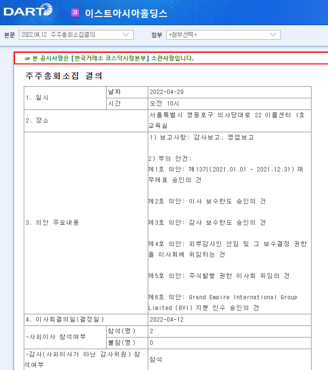 이스트아시아홀딩스 / 주주총회소집결의