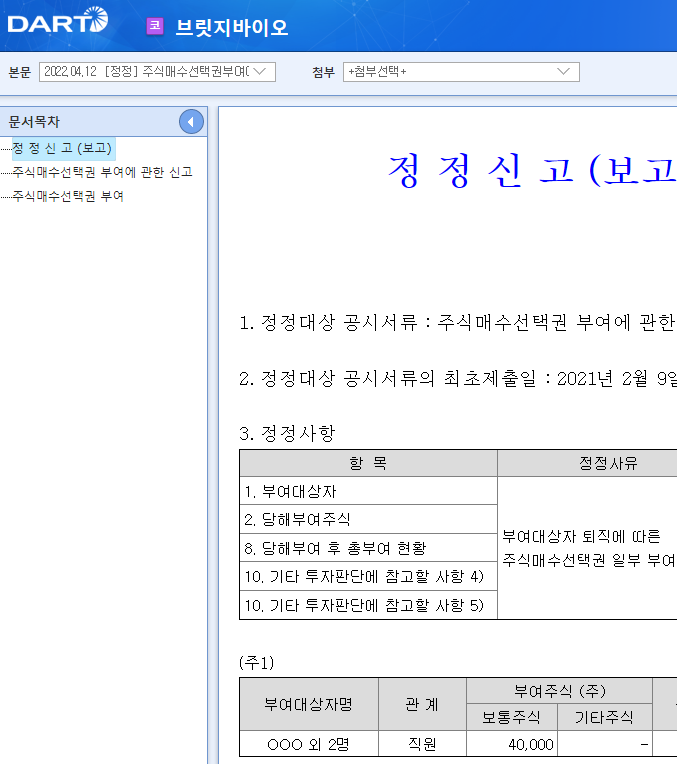 브릿지바이오 / 주식매수선택권부여에관한신고 브릿지바이오 / 주식매수선택권부여에관한신고