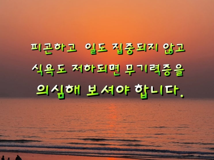 피곤하고 일도 집중되지 않고 식욕도 저하되면 무기력증을 의심해 보셔야 합니다. 피곤하고 일도 집중되지 않고 식욕도 저하되면 무기력증을 의심해 보셔야 합니다.