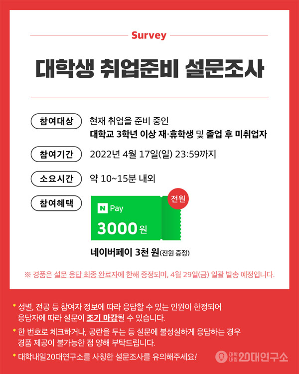 대학생 취업준비 설문조사 전원증정(네페 3,000원)재/휴학/졸업미취업 대학생 취업준비 설문조사 전원증정(네페 3,000원)재/휴학/졸업미취업