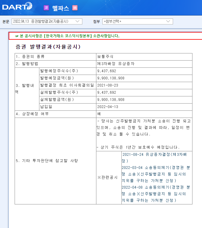 멜파스 / 증권발행결과(자율공시) 멜파스 / 증권발행결과(자율공시)