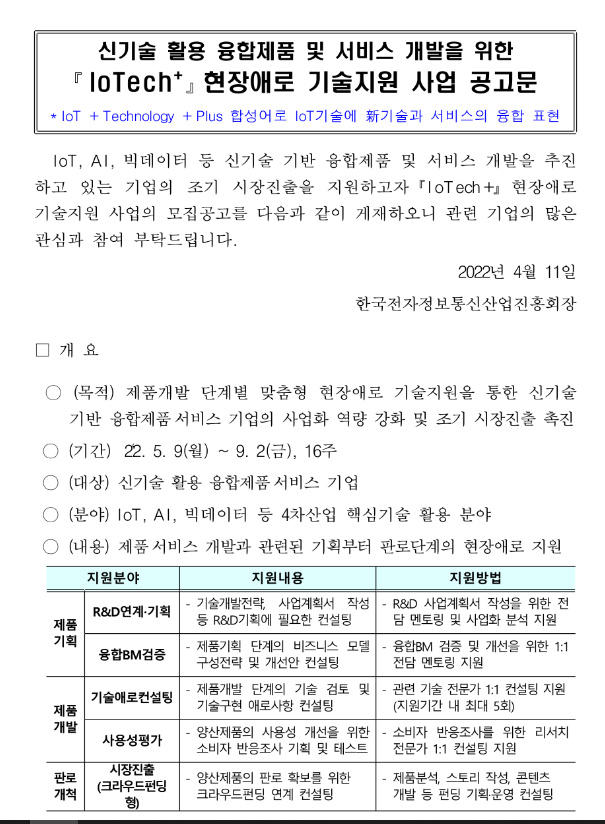 2022년 신기술 활용 융합제품 및 서비스 개발을 위한 IoTech+ 현장애로 기술지원사업 공고