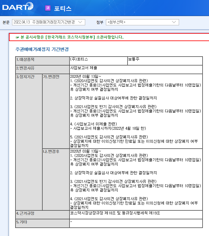 포티스 / 주권매매거래정지기간변경 포티스 / 주권매매거래정지기간변경
