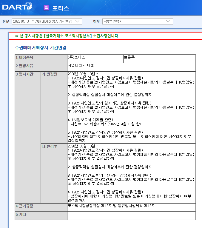 포티스 / 주권매매거래정지기간변경