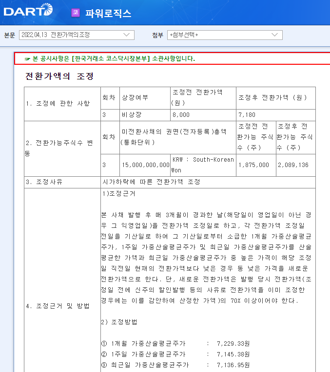 파워로직스 / 전환가액의조정 파워로직스 / 전환가액의조정