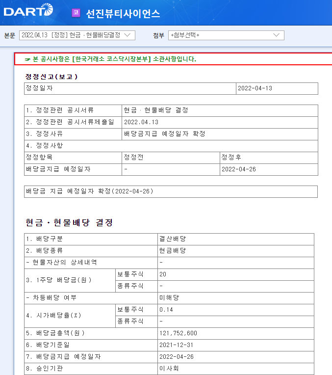 선진뷰티사이언스 / 현금ㆍ현물배당결정 선진뷰티사이언스 / 현금ㆍ현물배당결정