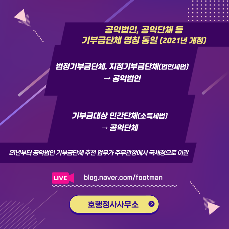  공익법인, 공익단체 등 기부금단체 명칭 통일(2021년 개정)