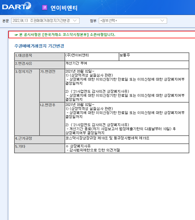 연이비앤티 / 주권매매거래정지기간변경 연이비앤티 / 주권매매거래정지기간변경