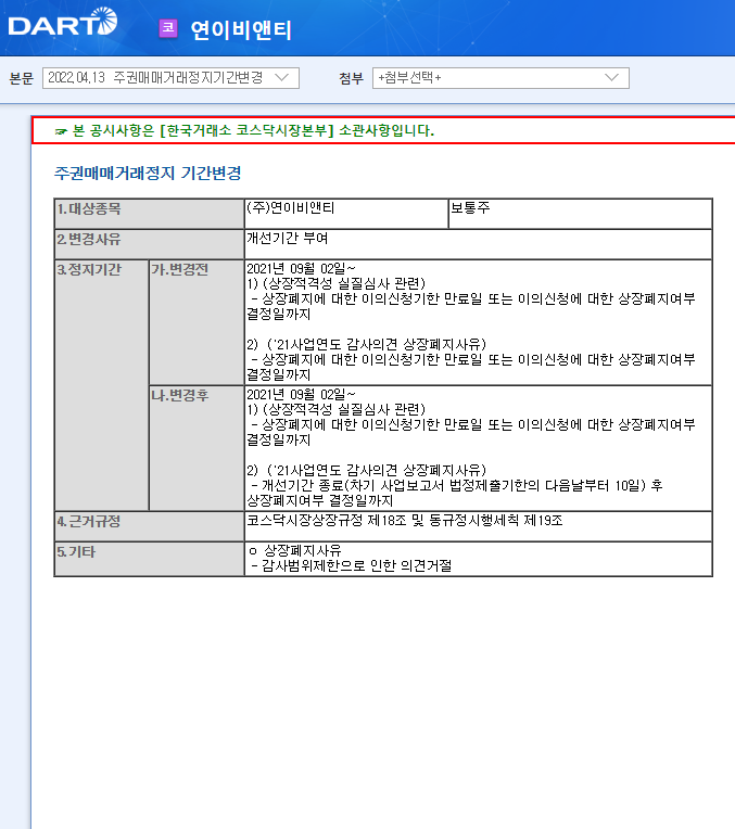 연이비앤티 / 주권매매거래정지기간변경