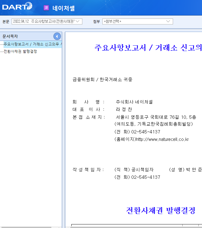 네이처셀 / 주요사항보고서(전환사채권발행결정) 네이처셀 / 주요사항보고서(전환사채권발행결정)