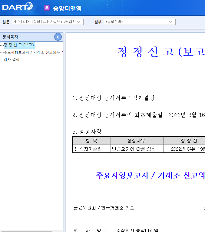 중앙디앤엠 / 주요사항보고서(감자결정) 중앙디앤엠 / 주요사항보고서(감자결정)