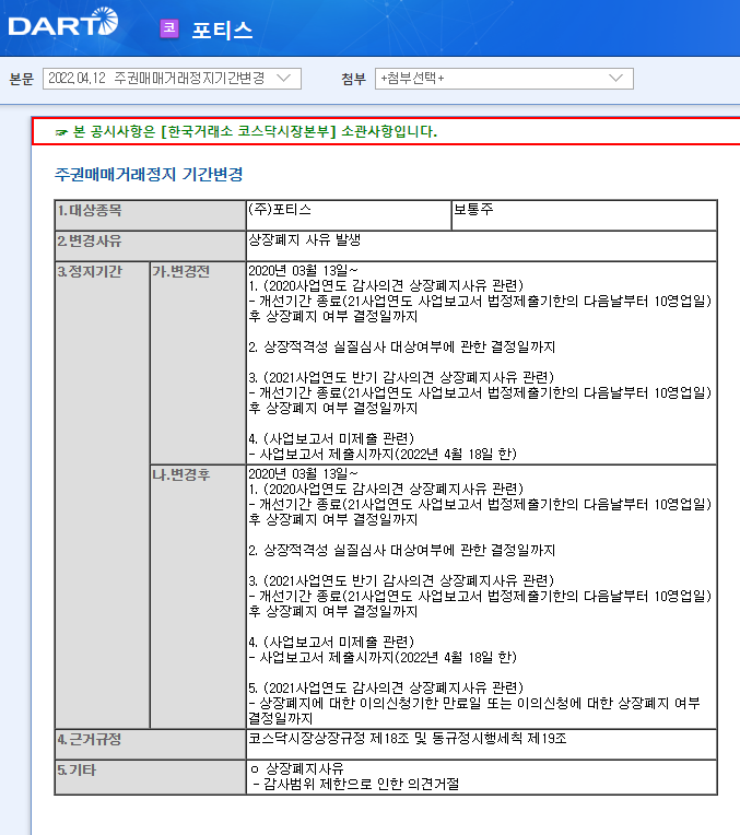 포티스 / 주권매매거래정지기간변경 포티스 / 주권매매거래정지기간변경