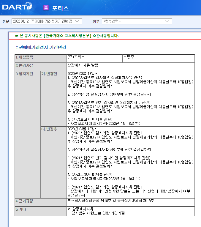 포티스 / 주권매매거래정지기간변경