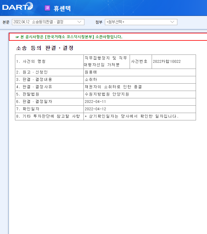 휴센텍 / 소송등의판결ㆍ결정 휴센텍 / 소송등의판결ㆍ결정